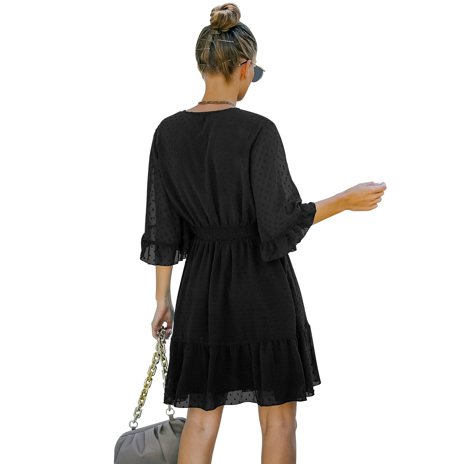 YESFASHION Women V-neck Solid Color Polka Dot Chiffon Dress