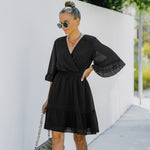 YESFASHION Women V-neck Solid Color Polka Dot Chiffon Dress