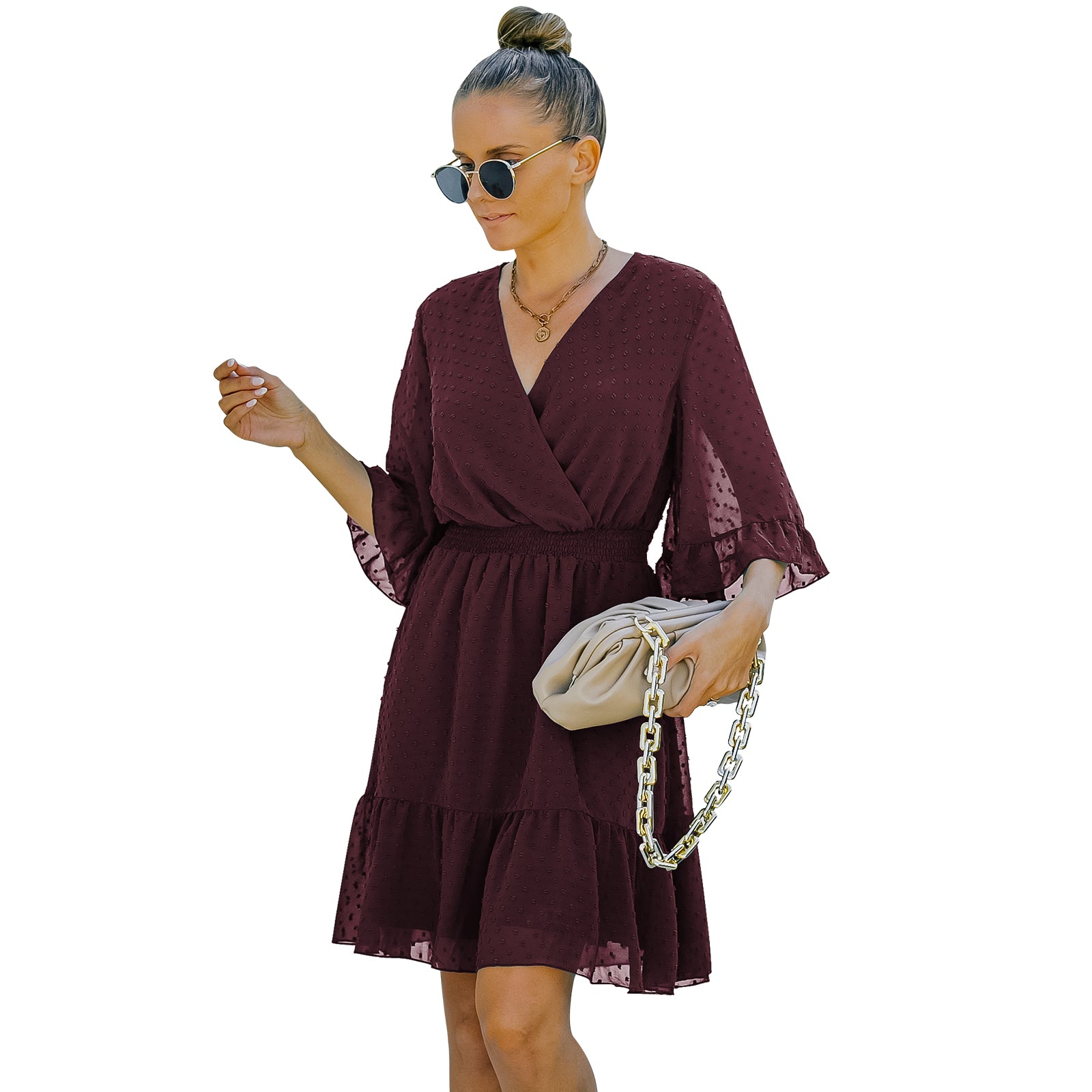 YESFASHION Women V-neck Solid Color Polka Dot Chiffon Dress