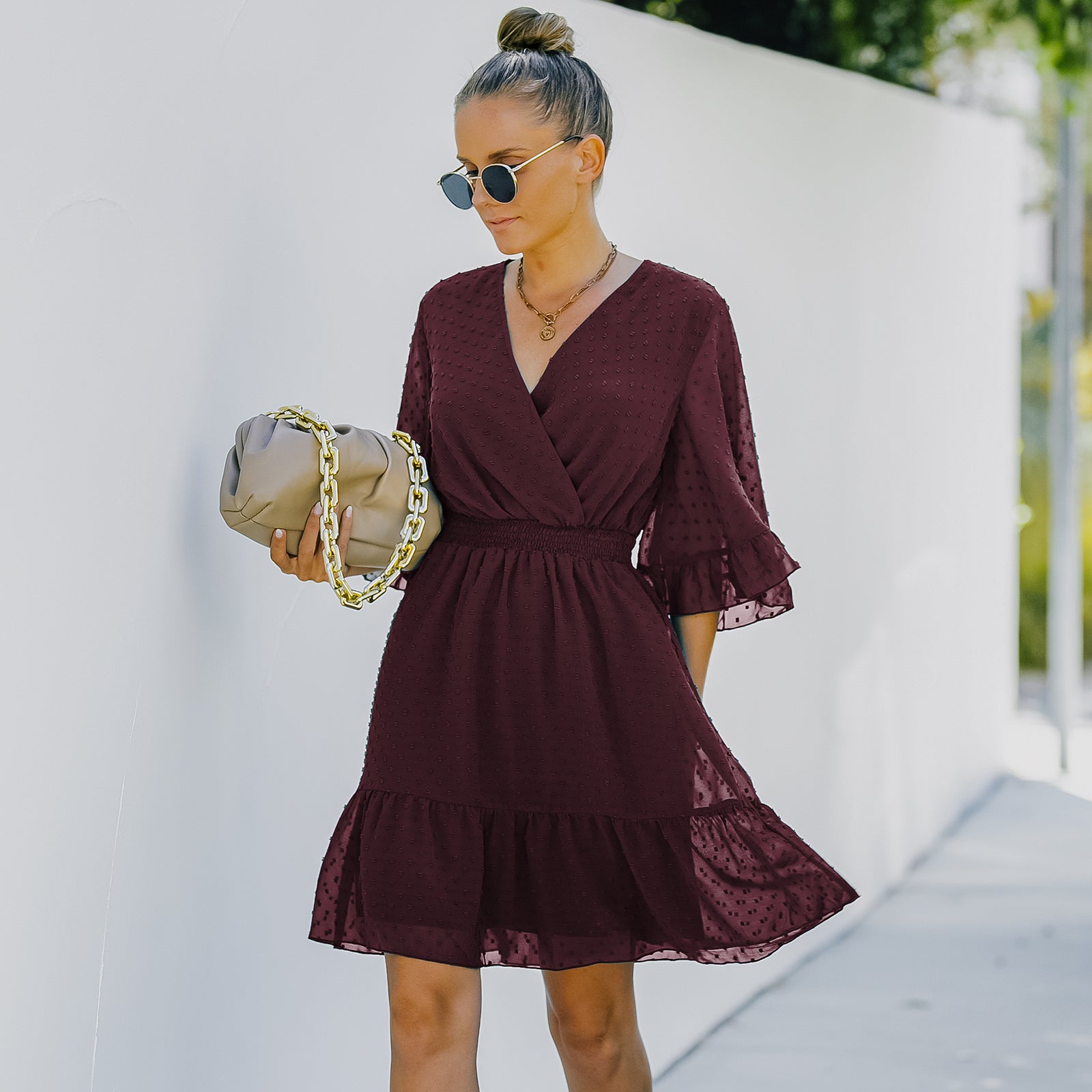 YESFASHION Women V-neck Solid Color Polka Dot Chiffon Dress