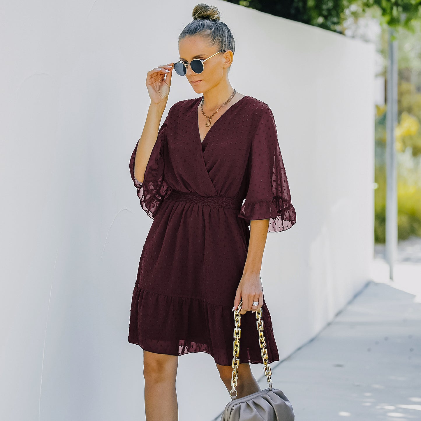 YESFASHION Women V-neck Solid Color Polka Dot Chiffon Dress