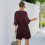 YESFASHION Women V-neck Solid Color Polka Dot Chiffon Dress