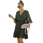 YESFASHION Women V-neck Solid Color Polka Dot Chiffon Dress