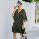 YESFASHION Women V-neck Solid Color Polka Dot Chiffon Dress