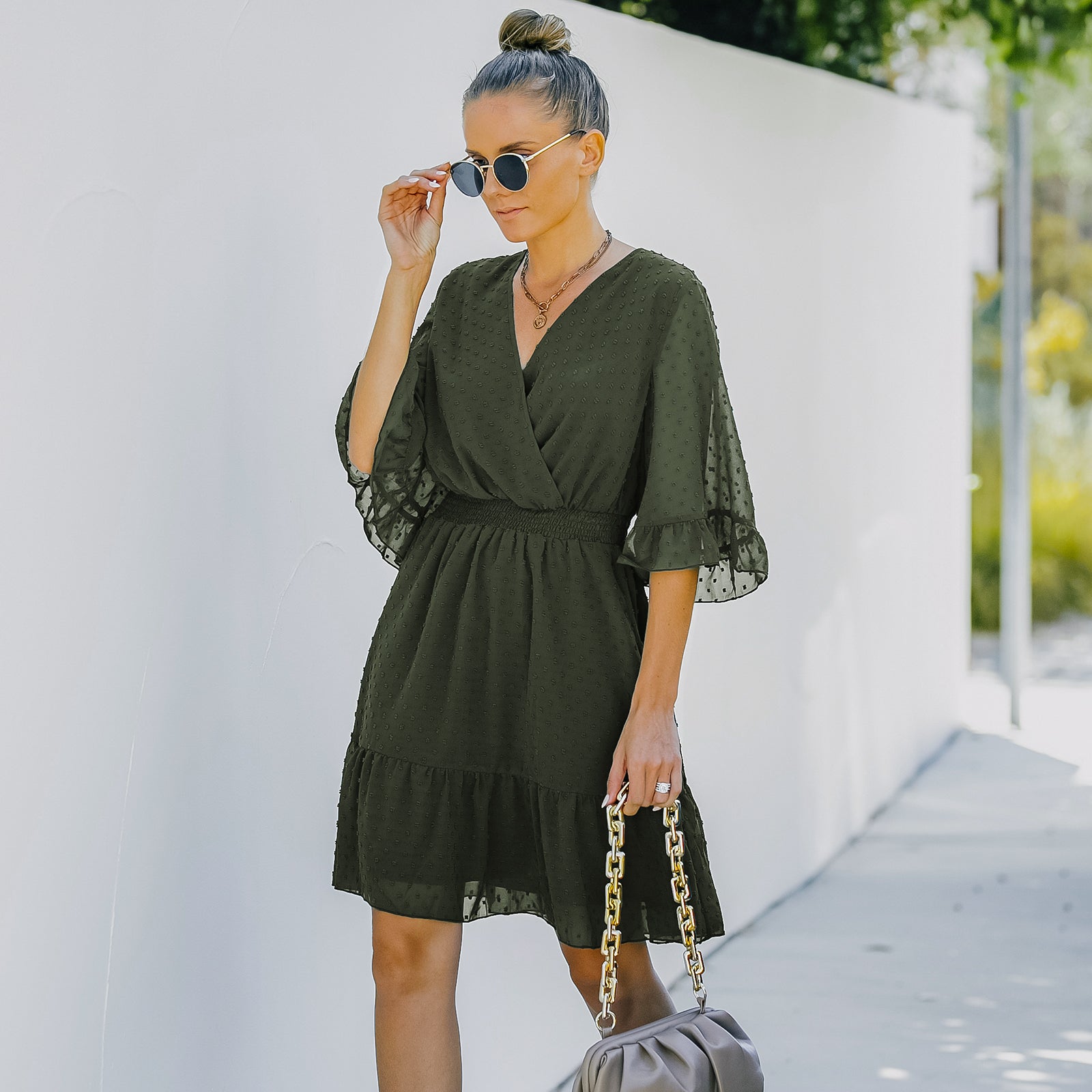 YESFASHION Women V-neck Solid Color Polka Dot Chiffon Dress