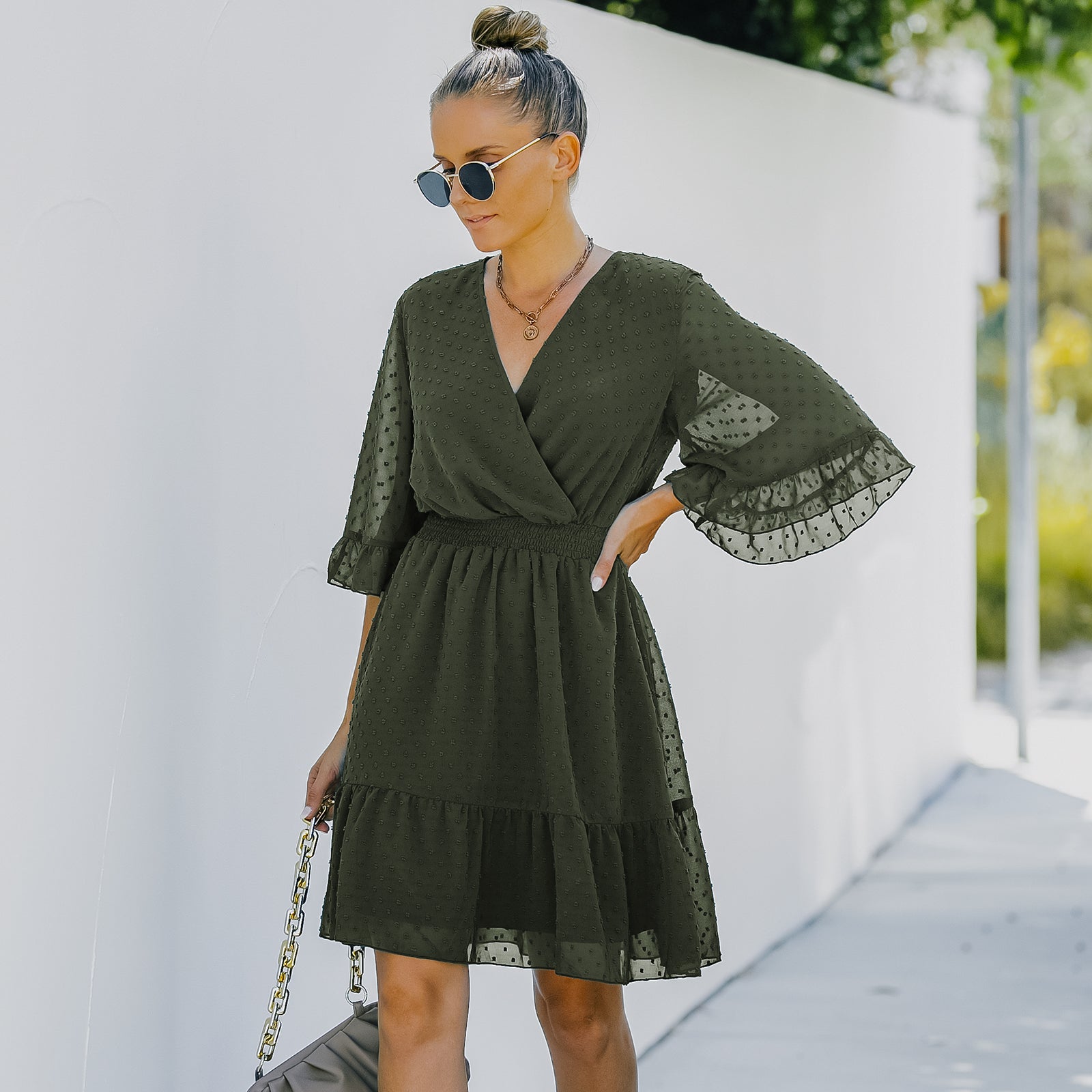 YESFASHION Women V-neck Solid Color Polka Dot Chiffon Dress