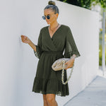 YESFASHION Women V-neck Solid Color Polka Dot Chiffon Dress