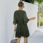 YESFASHION Women V-neck Solid Color Polka Dot Chiffon Dress