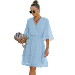 YESFASHION Women V-neck Solid Color Polka Dot Chiffon Dress
