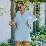 YESFASHION Women V-neck Solid Color Polka Dot Chiffon Dress