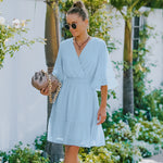 YESFASHION Women V-neck Solid Color Polka Dot Chiffon Dress