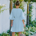 YESFASHION Women V-neck Solid Color Polka Dot Chiffon Dress