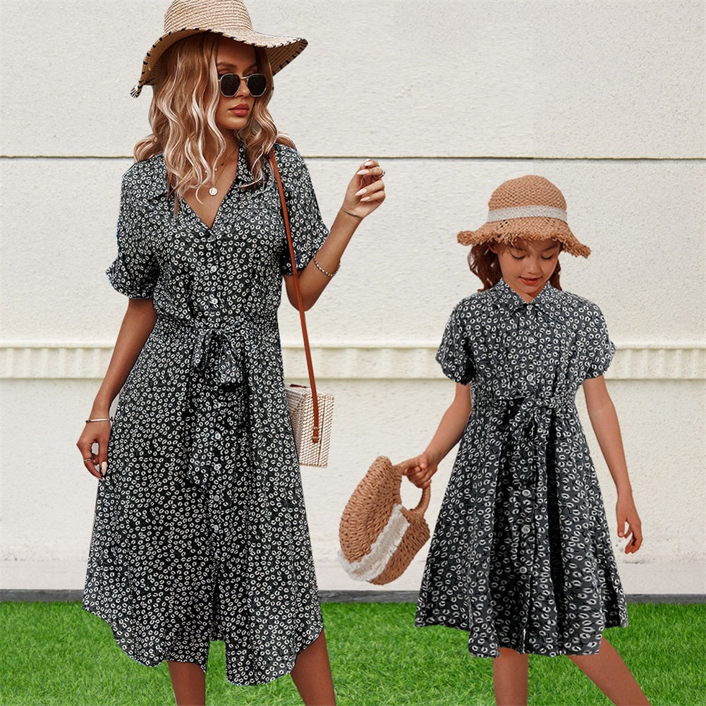 YESFASHION Button Waist Strap Slit Parent-child Summer Dress