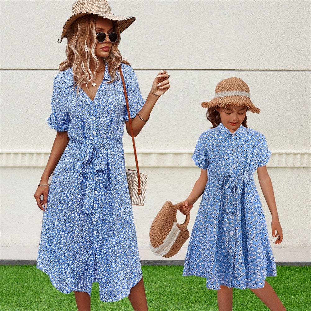 YESFASHION Button Waist Strap Slit Parent-child Summer Dress