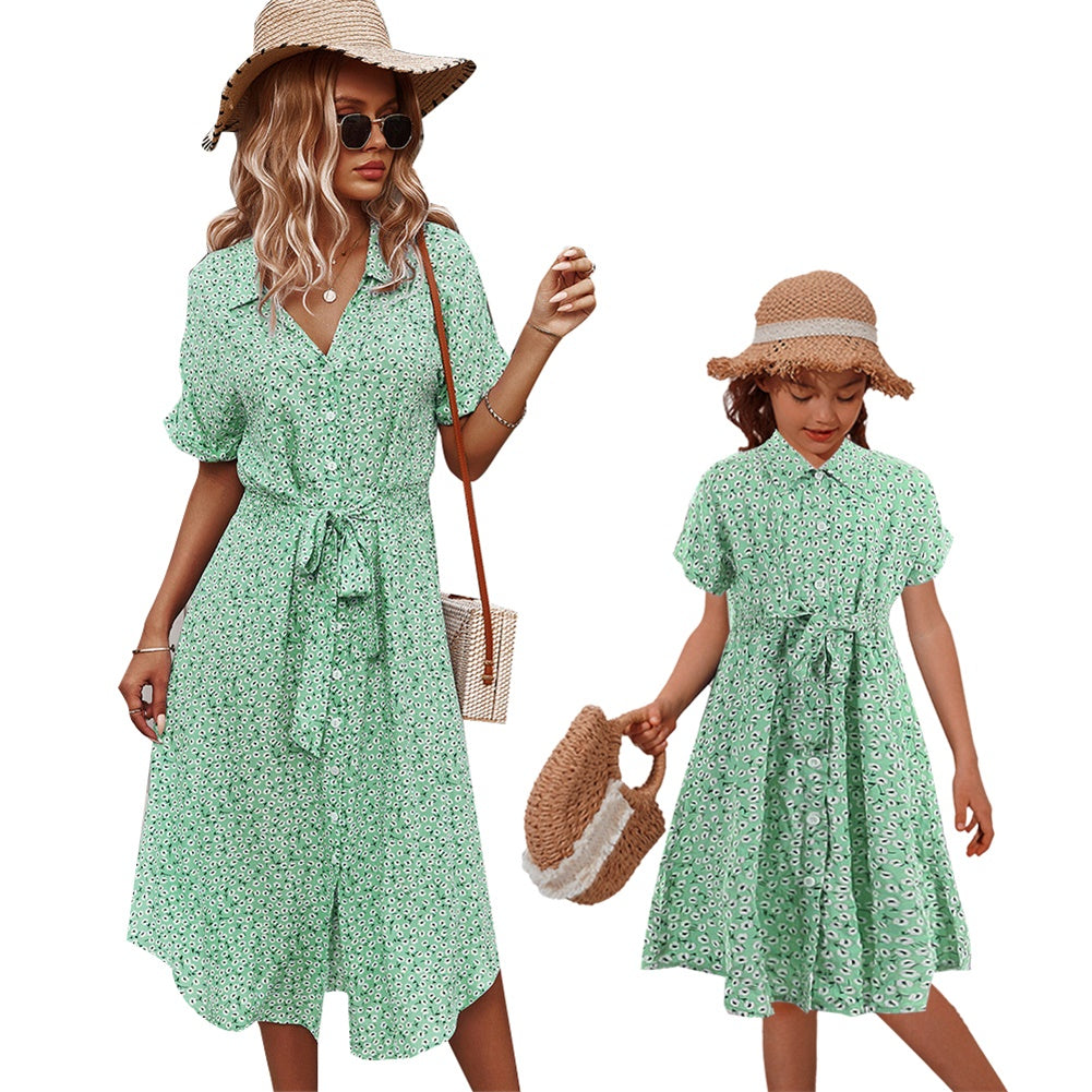 YESFASHION Button Waist Strap Slit Parent-child Summer Dress