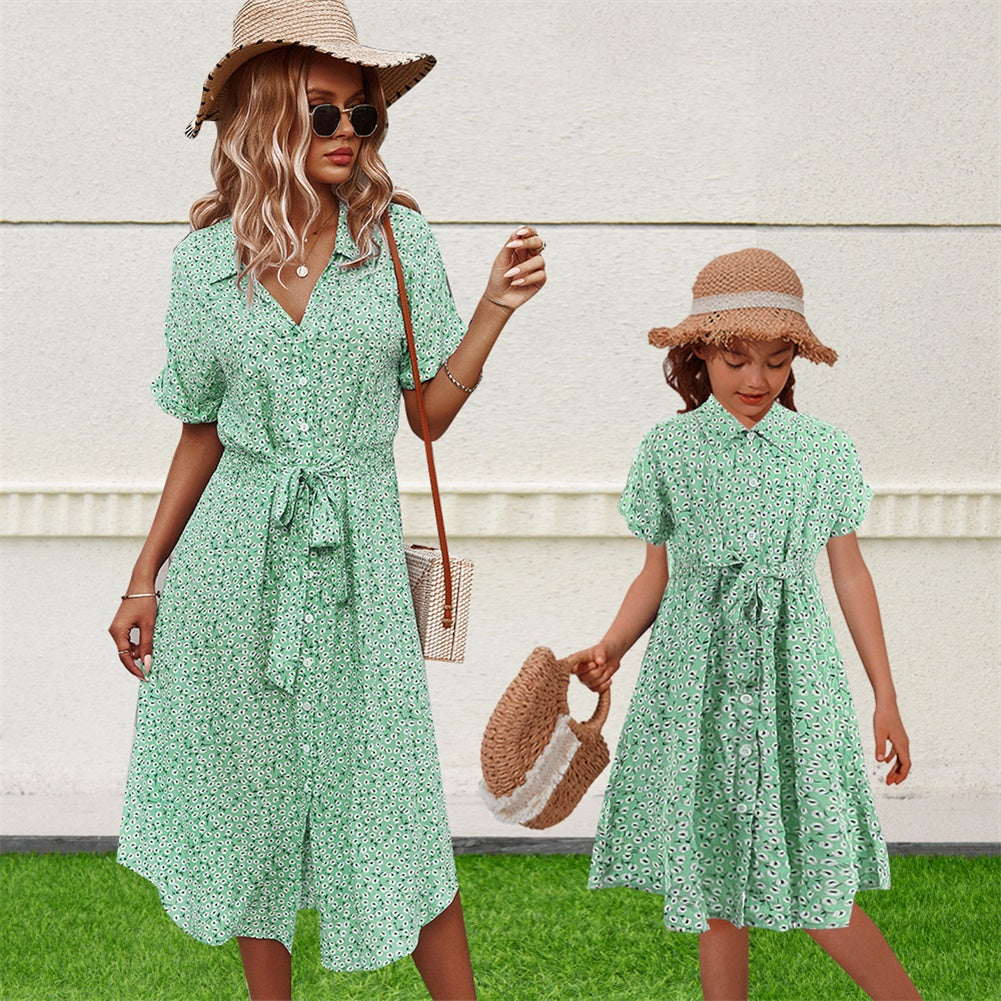 YESFASHION Button Waist Strap Slit Parent-child Summer Dress