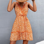 YESFASHION 2023 New Hot Sale V-neck Tie Ruffle Floral Sling Dress