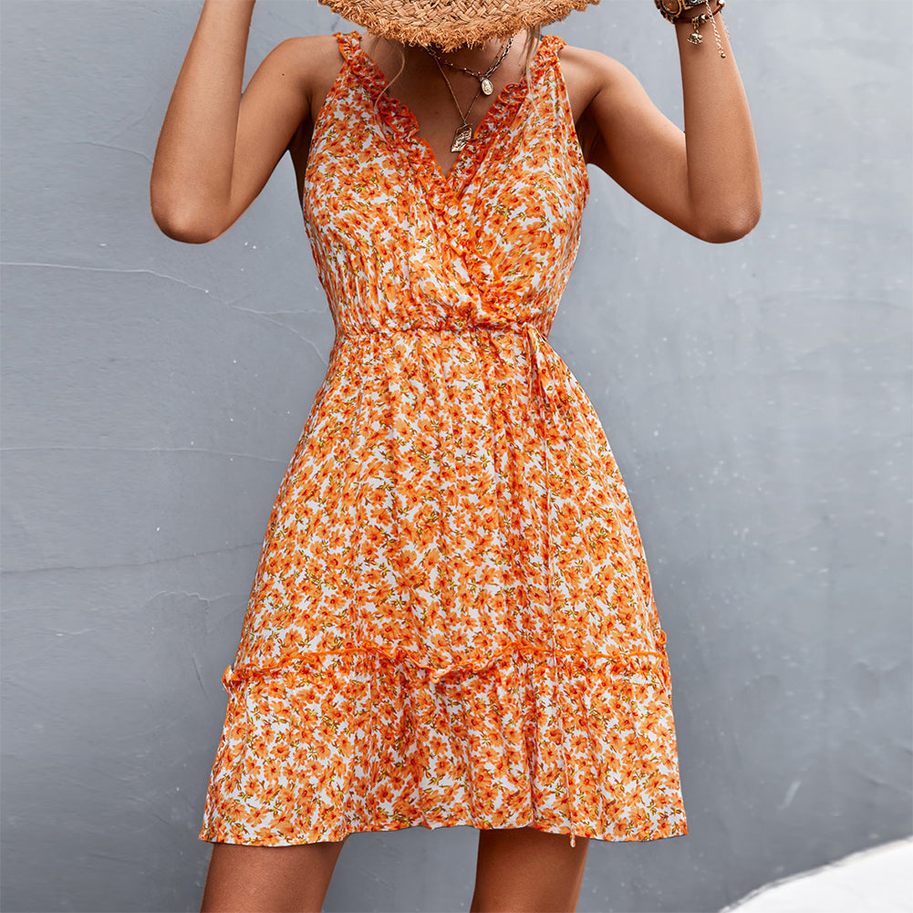 YESFASHION 2023 New Hot Sale V-neck Tie Ruffle Floral Sling Dress