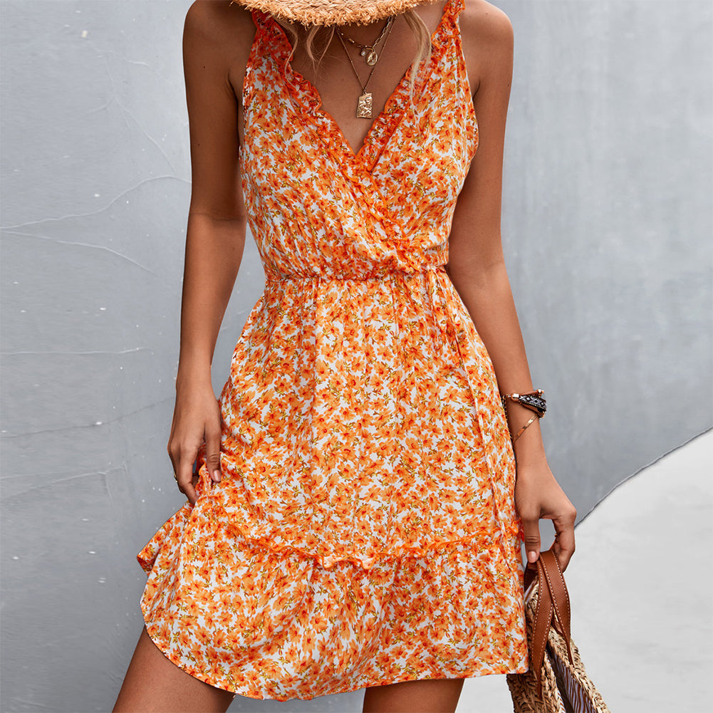 YESFASHION 2023 New Hot Sale V-neck Tie Ruffle Floral Sling Dress