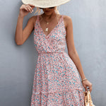 YESFASHION 2023 New Hot Sale V-neck Tie Ruffle Floral Sling Dress