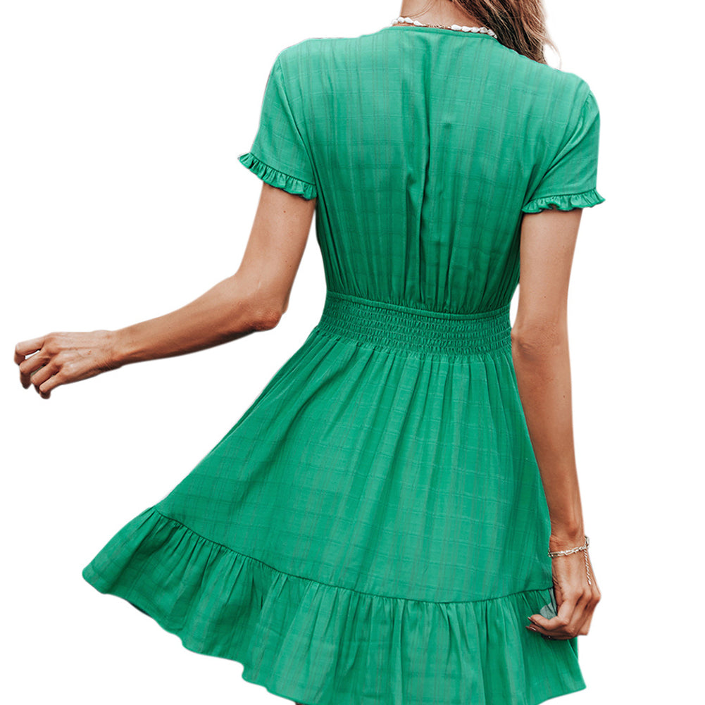 YESFASHION Women Green V-neck Low-cut Bow Short-sleeved Dress