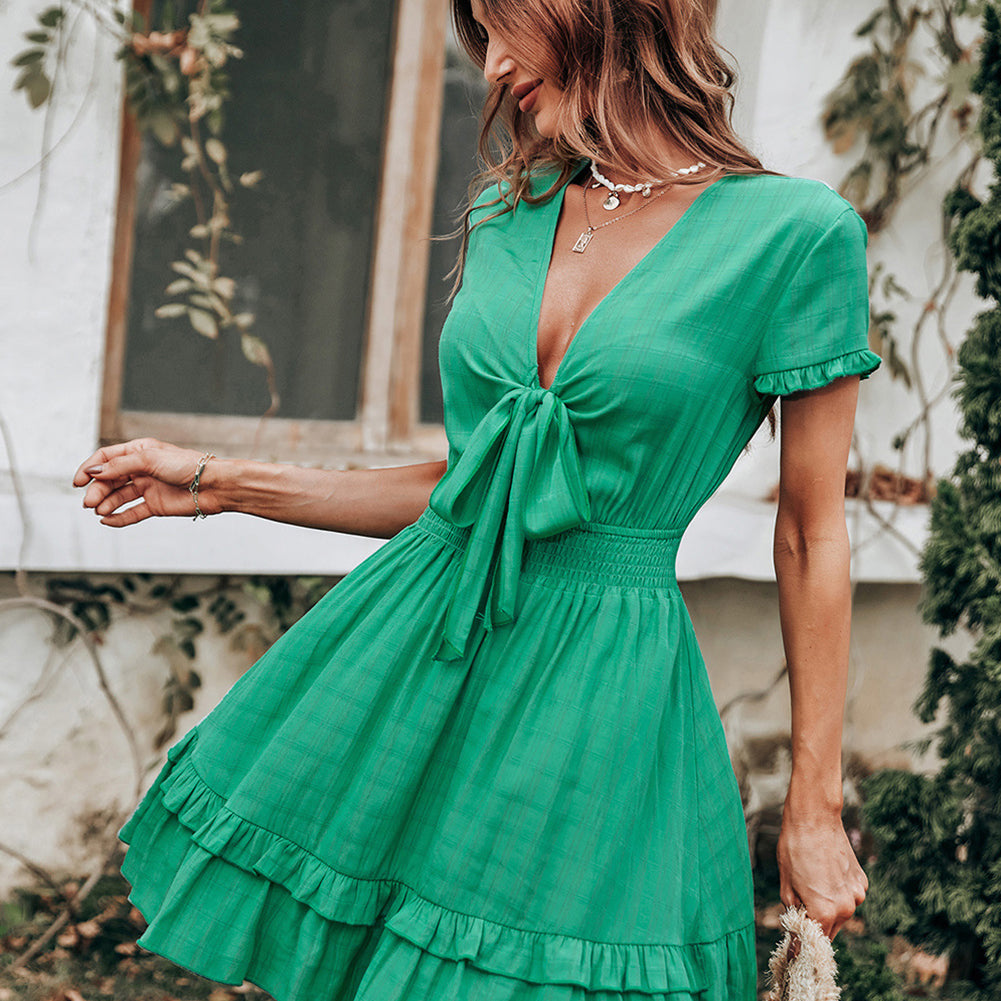 YESFASHION Women Green V-neck Low-cut Bow Short-sleeved Dress
