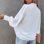 Women Button Up Top Lantern Sleeve Pleated Solid Color Stand Collar Loose Long Sleeve Shirt