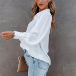 Women Button Up Top Lantern Sleeve Pleated Solid Color Stand Collar Loose Long Sleeve Shirt