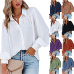 Women Button Up Top Lantern Sleeve Pleated Solid Color Stand Collar Loose Long Sleeve Shirt