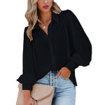 Women Button Up Top Lantern Sleeve Pleated Solid Color Stand Collar Loose Long Sleeve Shirt