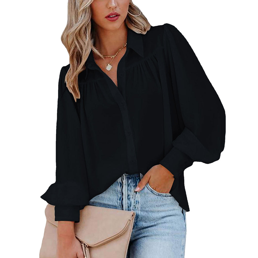 Women Button Up Top Lantern Sleeve Pleated Solid Color Stand Collar Loose Long Sleeve Shirt