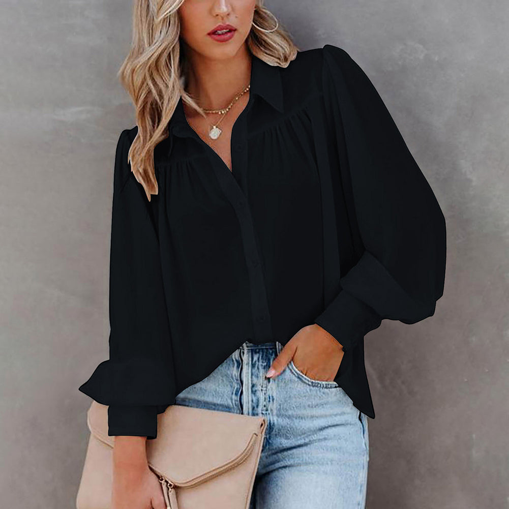 Women Button Up Top Lantern Sleeve Pleated Solid Color Stand Collar Loose Long Sleeve Shirt