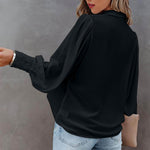 Women Button Up Top Lantern Sleeve Pleated Solid Color Stand Collar Loose Long Sleeve Shirt
