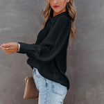 Women Button Up Top Lantern Sleeve Pleated Solid Color Stand Collar Loose Long Sleeve Shirt