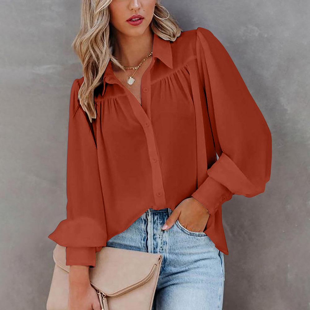 Women Button Up Top Lantern Sleeve Pleated Solid Color Stand Collar Loose Long Sleeve Shirt