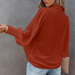 Women Button Up Top Lantern Sleeve Pleated Solid Color Stand Collar Loose Long Sleeve Shirt