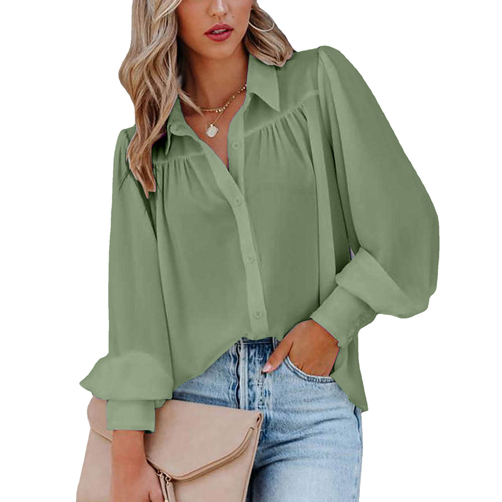Women Button Up Top Lantern Sleeve Pleated Solid Color Stand Collar Loose Long Sleeve Shirt