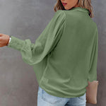 Women Button Up Top Lantern Sleeve Pleated Solid Color Stand Collar Loose Long Sleeve Shirt