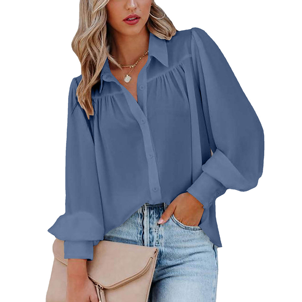 Women Button Up Top Lantern Sleeve Pleated Solid Color Stand Collar Loose Long Sleeve Shirt