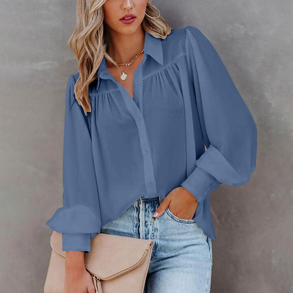 Women Button Up Top Lantern Sleeve Pleated Solid Color Stand Collar Loose Long Sleeve Shirt