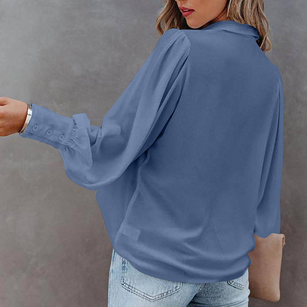 Women Button Up Top Lantern Sleeve Pleated Solid Color Stand Collar Loose Long Sleeve Shirt