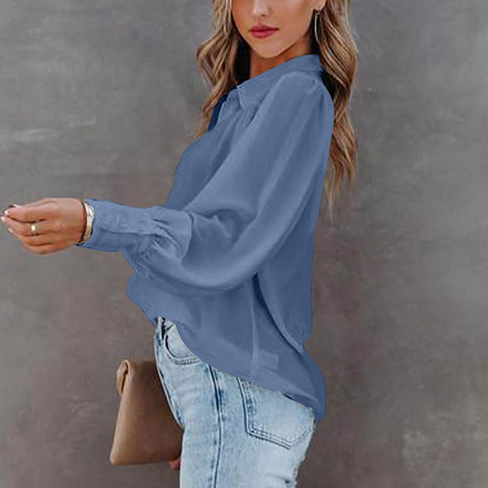 Women Button Up Top Lantern Sleeve Pleated Solid Color Stand Collar Loose Long Sleeve Shirt