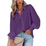 Women Button Up Top Lantern Sleeve Pleated Solid Color Stand Collar Loose Long Sleeve Shirt