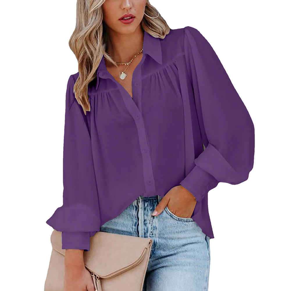 Women Button Up Top Lantern Sleeve Pleated Solid Color Stand Collar Loose Long Sleeve Shirt