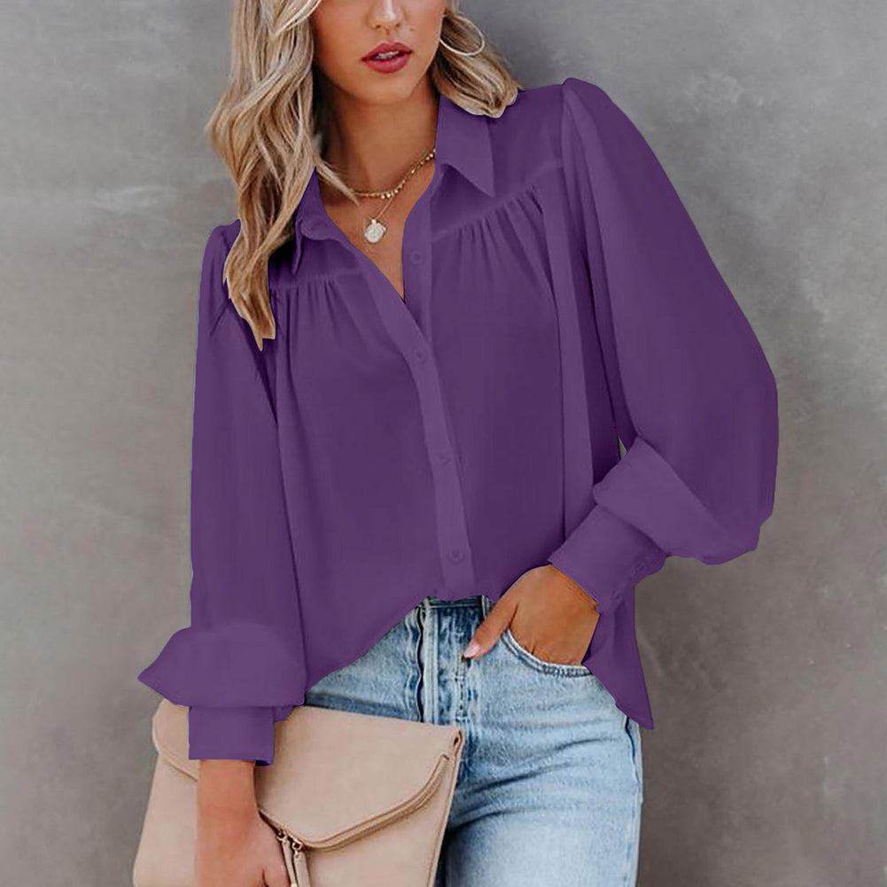 Women Button Up Top Lantern Sleeve Pleated Solid Color Stand Collar Loose Long Sleeve Shirt