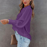 Women Button Up Top Lantern Sleeve Pleated Solid Color Stand Collar Loose Long Sleeve Shirt