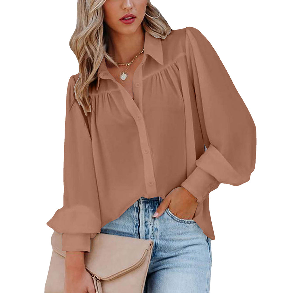 Women Button Up Top Lantern Sleeve Pleated Solid Color Stand Collar Loose Long Sleeve Shirt