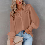 Women Button Up Top Lantern Sleeve Pleated Solid Color Stand Collar Loose Long Sleeve Shirt