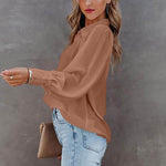 Women Button Up Top Lantern Sleeve Pleated Solid Color Stand Collar Loose Long Sleeve Shirt