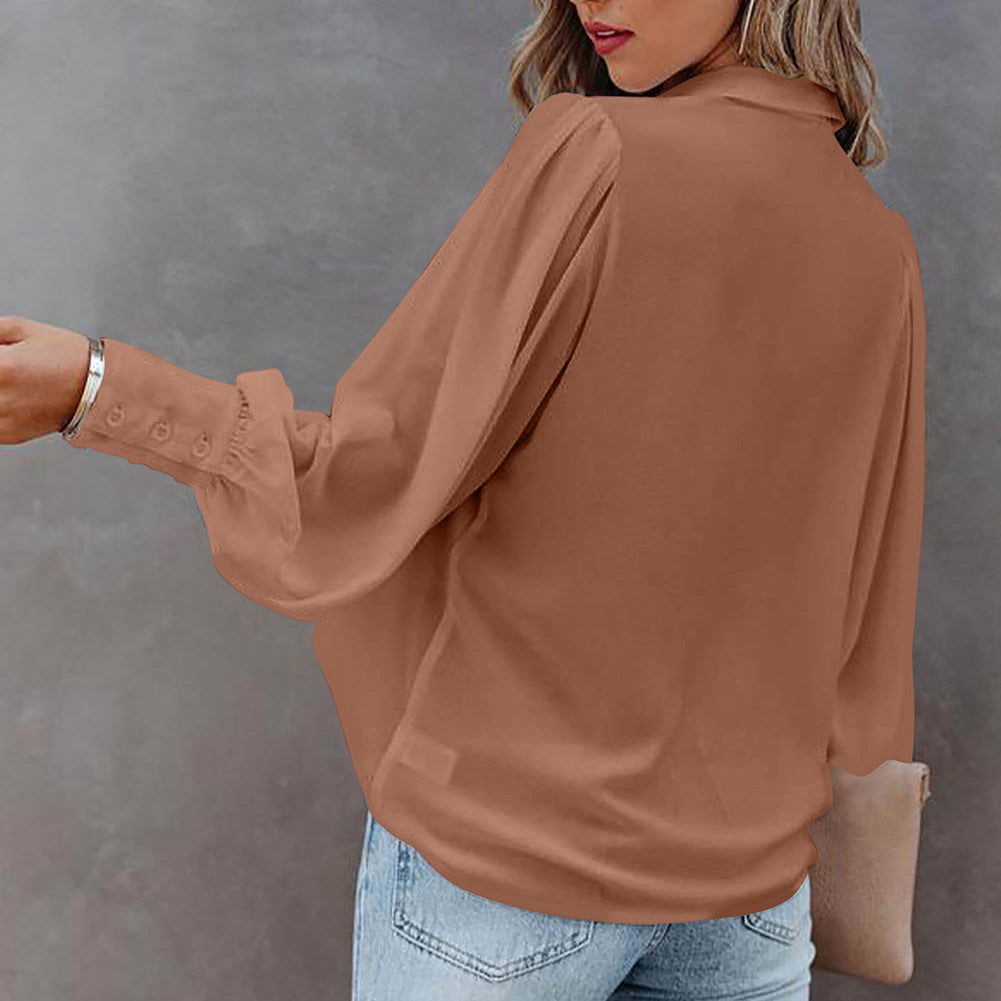 Women Button Up Top Lantern Sleeve Pleated Solid Color Stand Collar Loose Long Sleeve Shirt